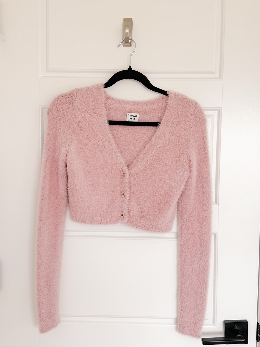 Aritzia Sunday Best Pink Fuzzy Cropped Button Cardigan Sweater